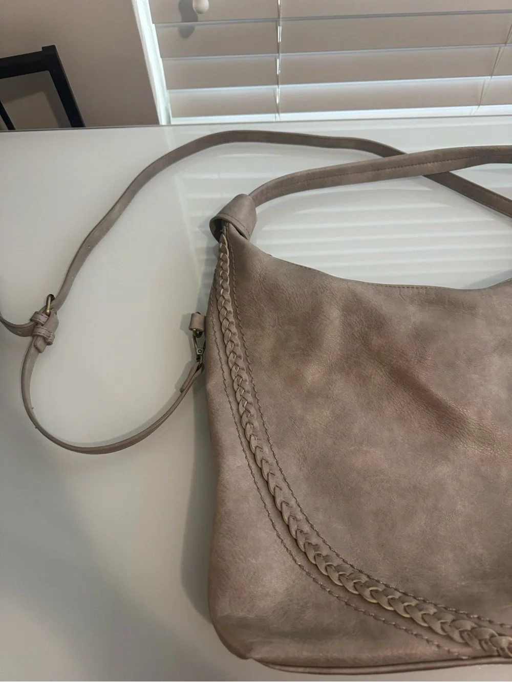 Gray Vegan Leather Distressed Braided Hobo Big Shoulder Bag Crossbody Neutral